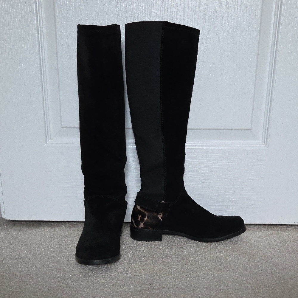 Stuart Weitzman Black Suede Knee High 5050 Lug Boot with Leopard Print Heel